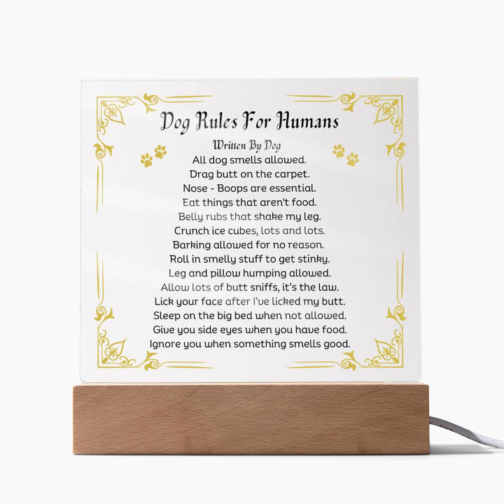 Dog Rules For Humans Printed Paw Print Shape Clear Acrylic Plaque With Dogs Rules Printed message With LED Option.