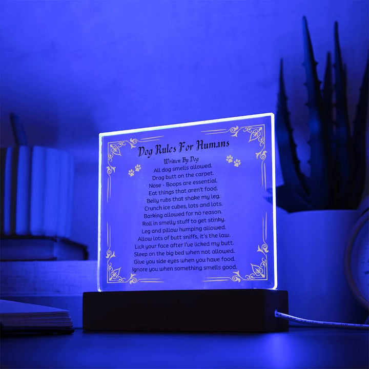 Dog Rules For Humans Printed Paw Print Shape Clear Acrylic Plaque With Dogs Rules Printed message With LED Option.