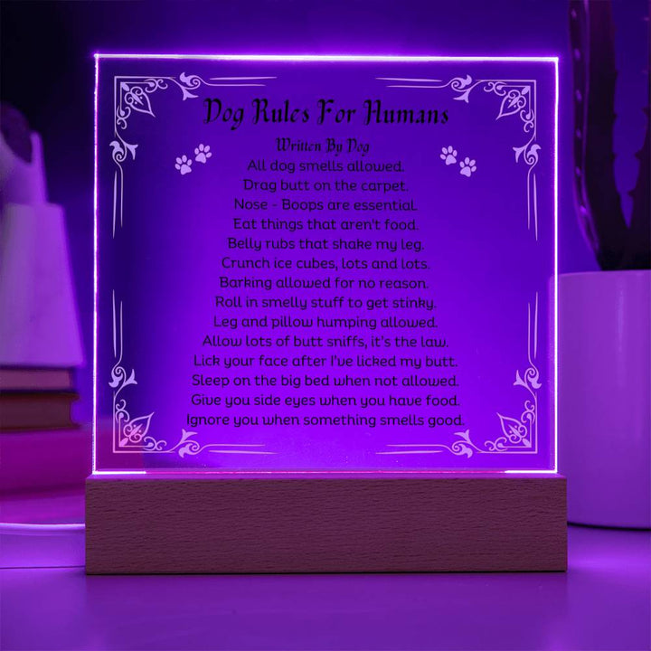 Dog Rules For Humans Printed Paw Print Shape Clear Acrylic Plaque With Dogs Rules Printed message With LED Option.