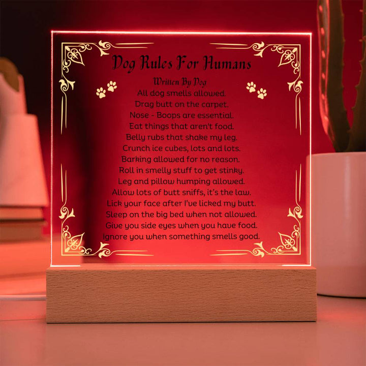 Dog Rules For Humans Printed Paw Print Shape Clear Acrylic Plaque With Dogs Rules Printed message With LED Option.