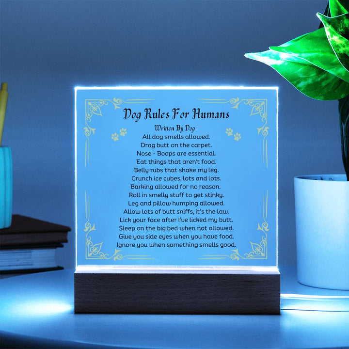 Dog Rules For Humans Printed Paw Print Shape Clear Acrylic Plaque With Dogs Rules Printed message With LED Option.