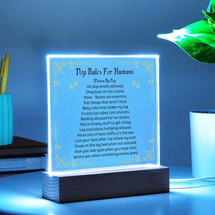 Dog Rules For Humans Printed Paw Print Shape Clear Acrylic Plaque With Dogs Rules Printed message With LED Option.