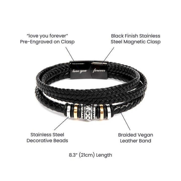 Stainless Steel and vegan leather Men's "Love You Forever" Bracelet Engraved with a heartfelt message,