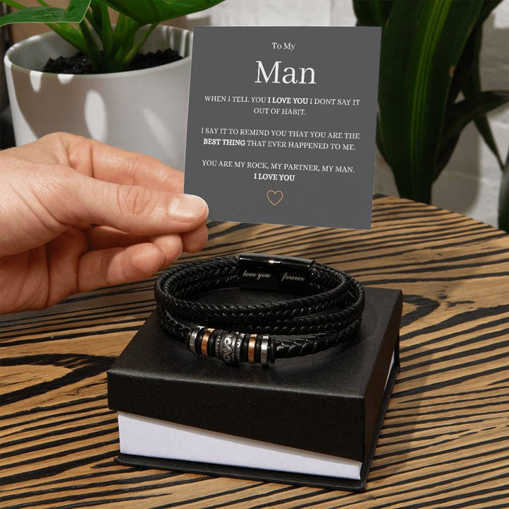 Stainless Steel and vegan leather Men's "Love You Forever" Bracelet Engraved with a heartfelt message,