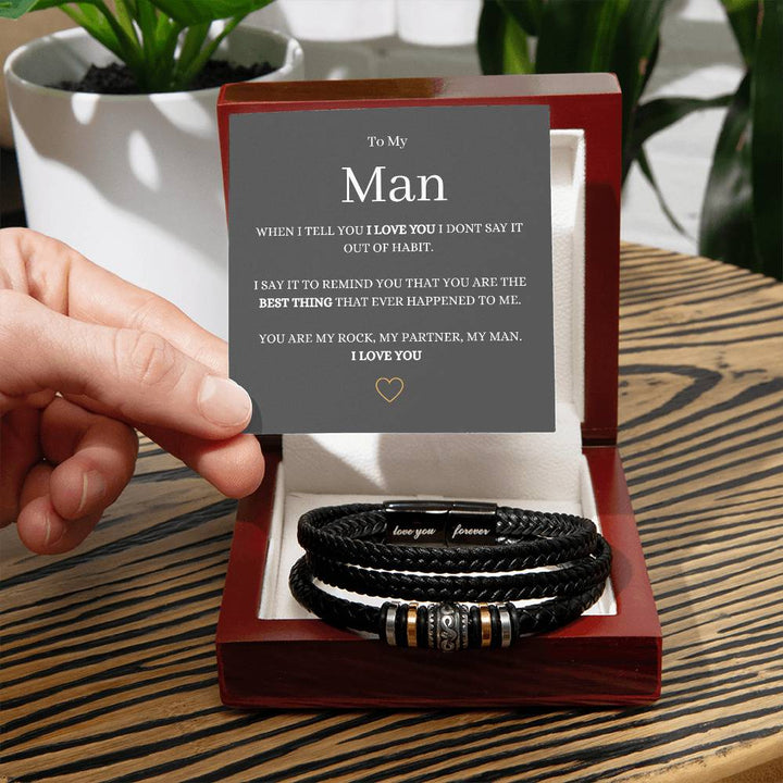 Stainless Steel and vegan leather Men's "Love You Forever" Bracelet Engraved with a heartfelt message,