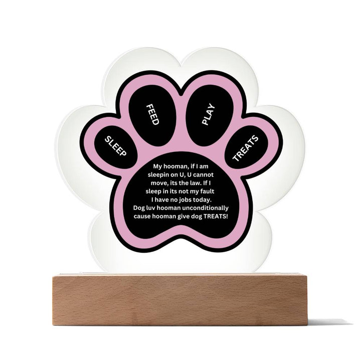 Printed Paw Print Shape Clear Acrylic Plaque With Dogs unconditional love Printed message With LED Option.