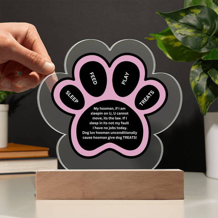 Printed Paw Print Shape Clear Acrylic Plaque With Dogs unconditional love Printed message With LED Option.