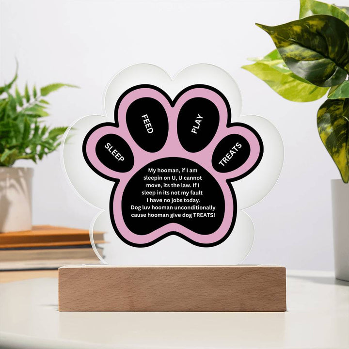 Printed Paw Print Shape Clear Acrylic Plaque With Dogs unconditional love Printed message With LED Option.