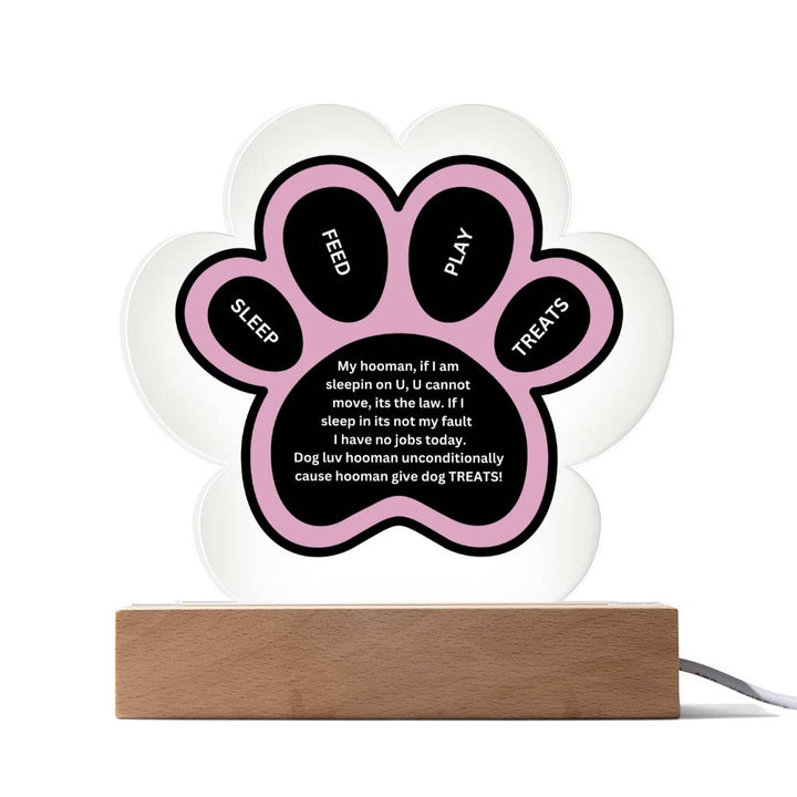 Printed Paw Print Shape Clear Acrylic Plaque With Dogs unconditional love Printed message With LED Option.