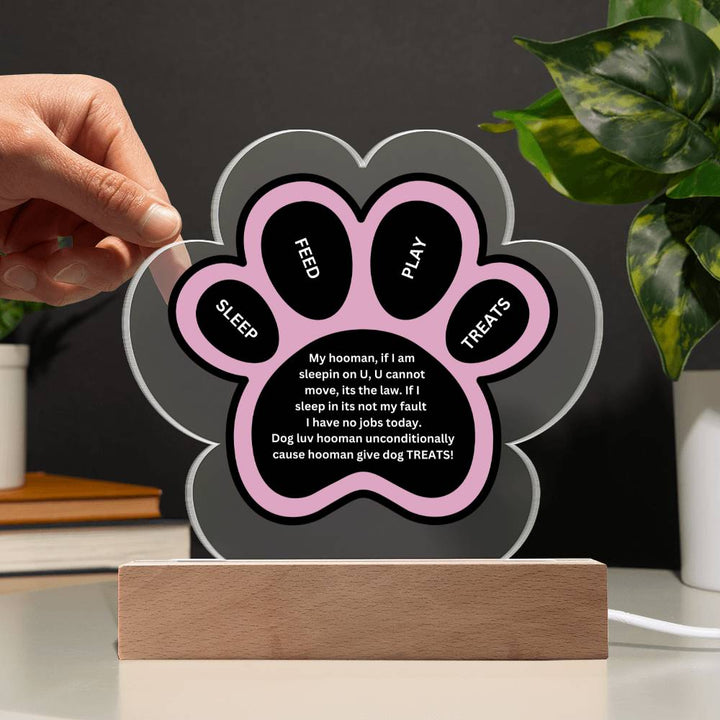 Printed Paw Print Shape Clear Acrylic Plaque With Dogs unconditional love Printed message With LED Option.