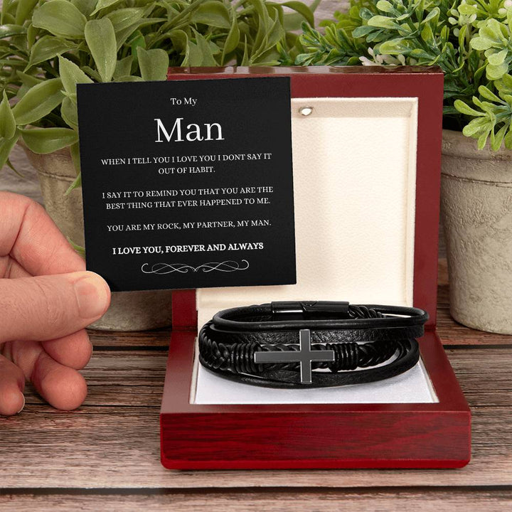 Personalised Men's Cross Leather Bracelet with message card