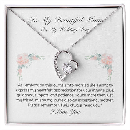 To My Beautiful Mum On My Wedding Day Heart pendant 14k white gold finish or 18k yellow gold finish 6.5mm round cut cubic zirconia stone