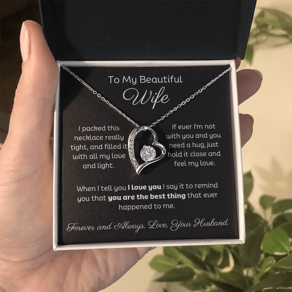 Beautiful Wife Heart Shape Pendant Necklace 14k white gold finish or 18k yellow gold finish 6.5mm round cut cubic zirconia stone with a heartfelt message