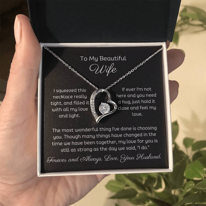 To My Beautiful Wife Forever Love Heart Necklace, Free Earrings and a beautiful heartfelt message. 14k White Gold finish.