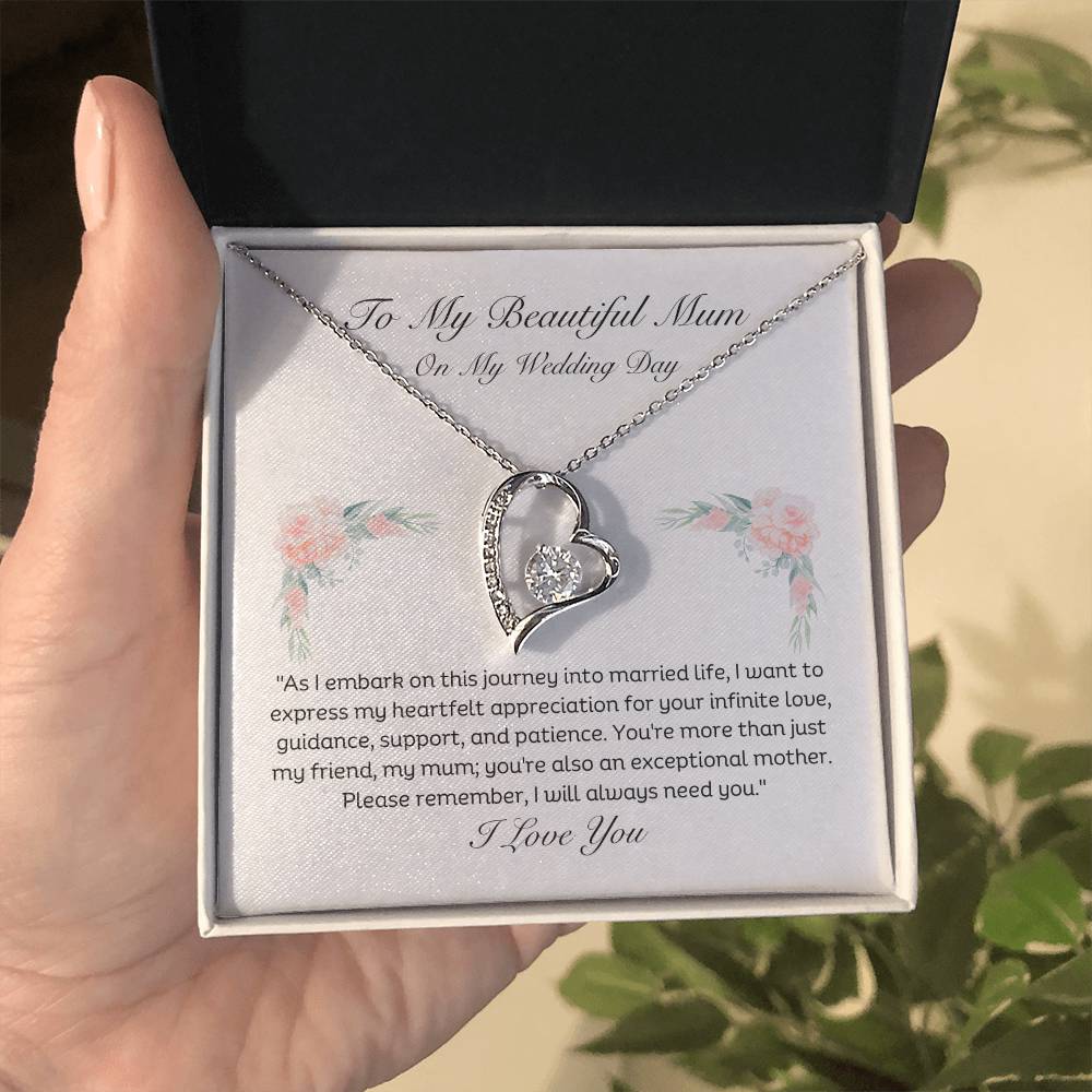 To My Beautiful Mum On My Wedding Day Heart pendant 14k white gold finish or 18k yellow gold finish 6.5mm round cut cubic zirconia stone