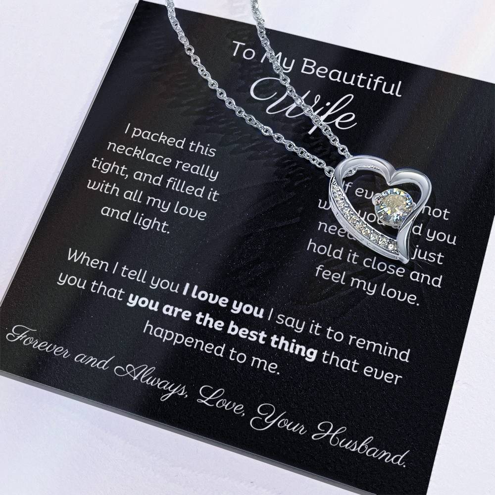 Beautiful Wife Heart Shape Pendant Necklace 14k white gold finish or 18k yellow gold finish 6.5mm round cut cubic zirconia stone with a heartfelt message