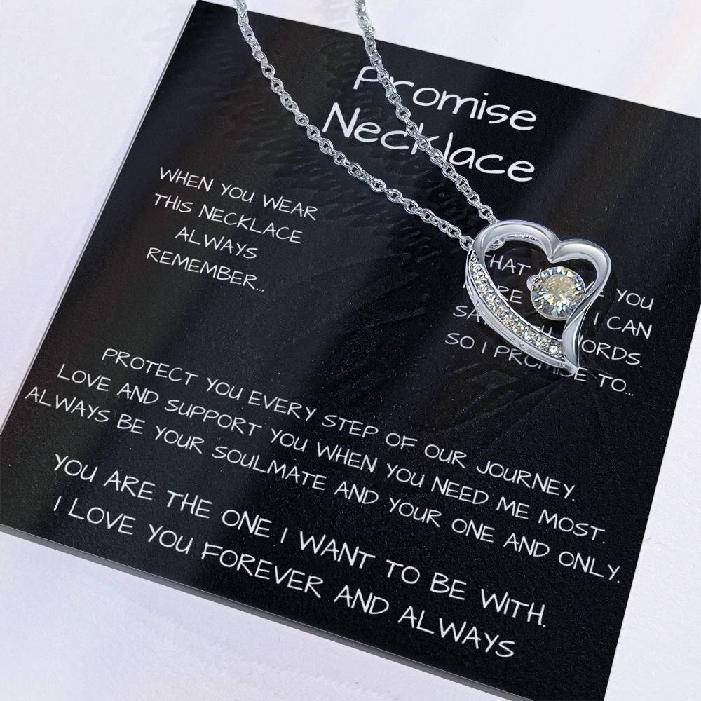 Promise Heart Shape Pendant Necklace 14k white gold finish or 18k yellow gold finish 6.5mm round cut cubic zirconia stone with a heartfelt promise message