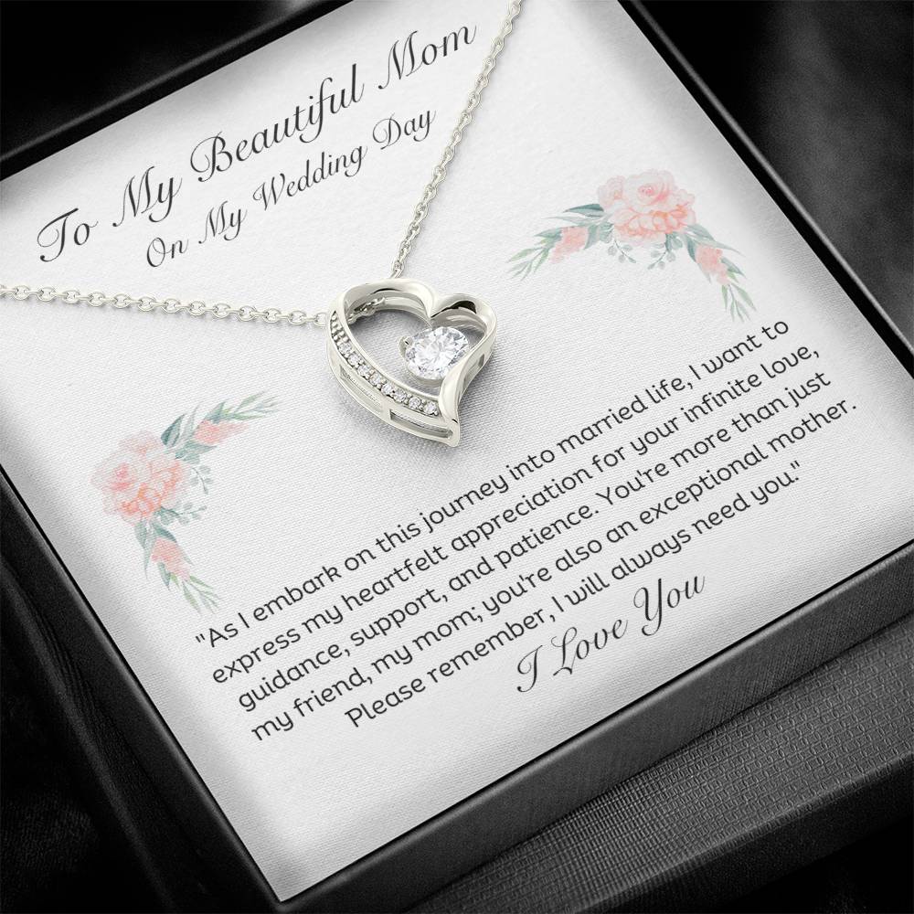 To My Beautiful Mom On My Wedding Day Heart pendant 14k white gold finish or 18k yellow gold finish 6.5mm round cut cubic zirconia stone