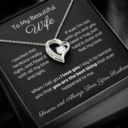 Beautiful Wife  Heart Shape Pendant Necklace 14k white gold finish or 18k yellow gold finish 6.5mm round cut cubic zirconia stone with a heartfelt  message