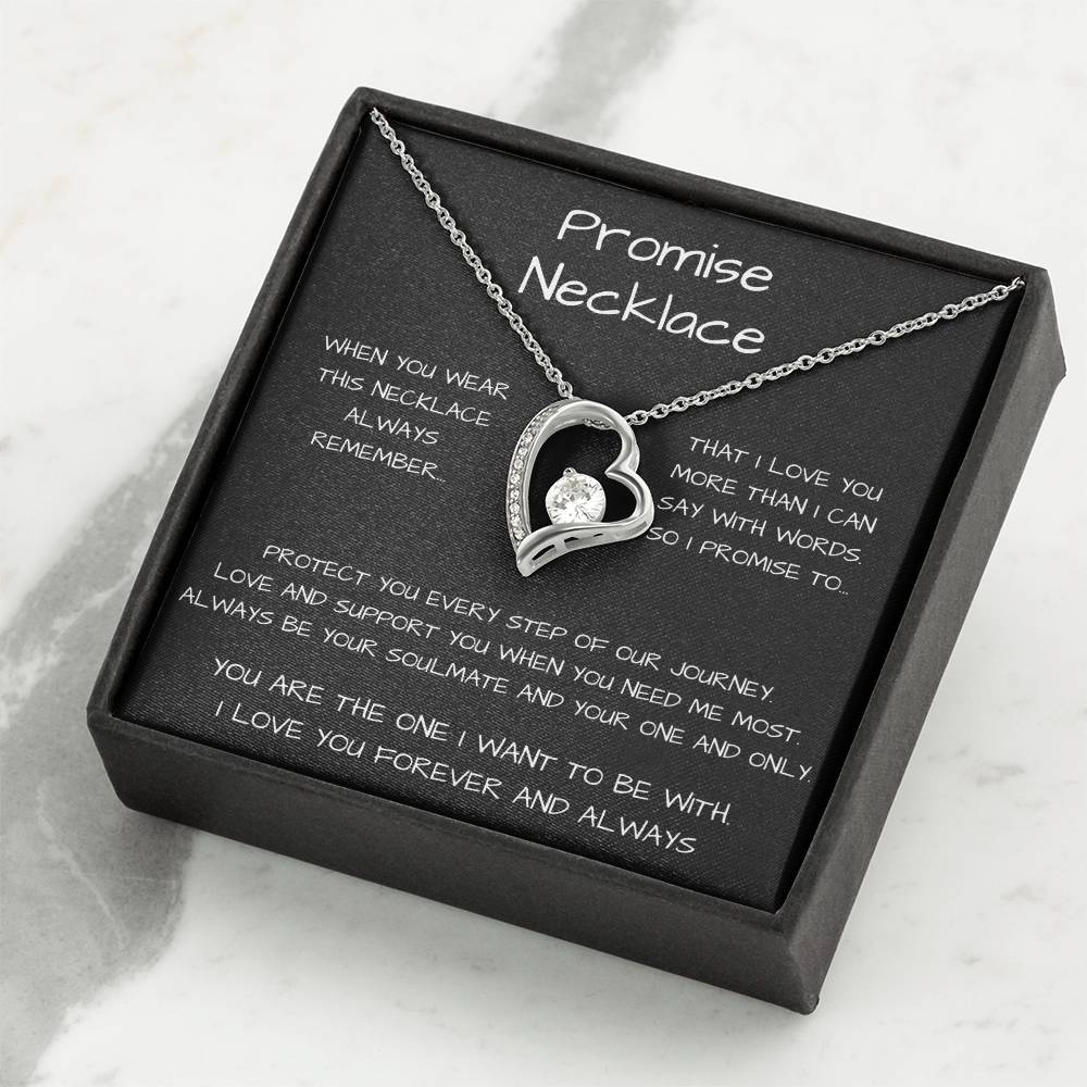 Promise Heart Shape Pendant Necklace 14k white gold finish or 18k yellow gold finish 6.5mm round cut cubic zirconia stone with a heartfelt promise message