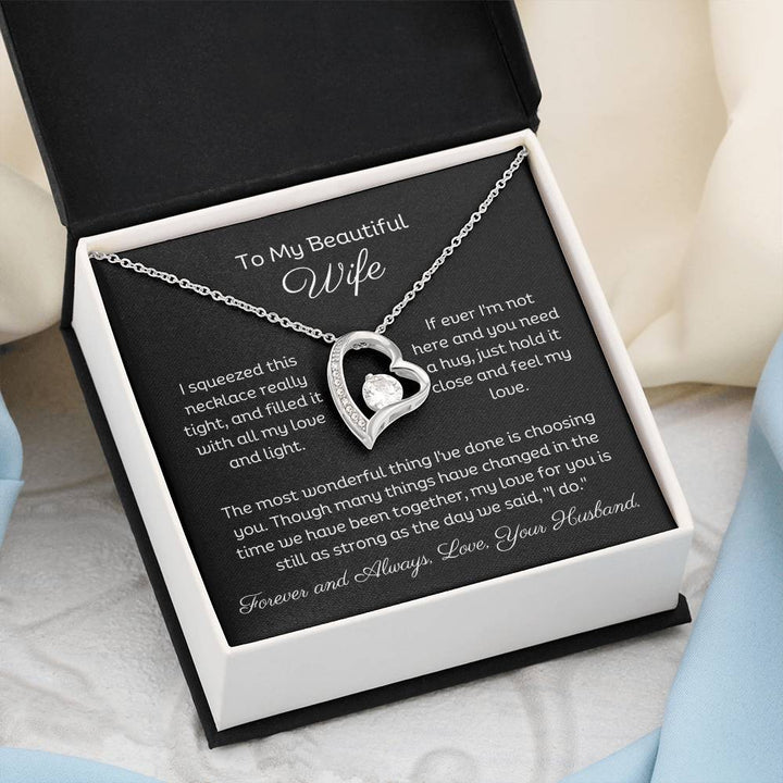 To My Beautiful Wife Forever Love Heart Necklace, Free Earrings and a beautiful heartfelt message. 14k White Gold finish.