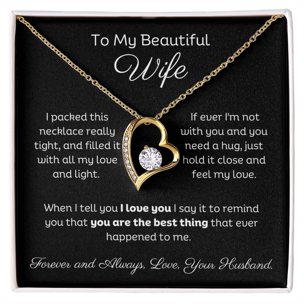 Beautiful Wife Heart Shape Pendant Necklace 14k white gold finish or 18k yellow gold finish 6.5mm round cut cubic zirconia stone with a heartfelt message