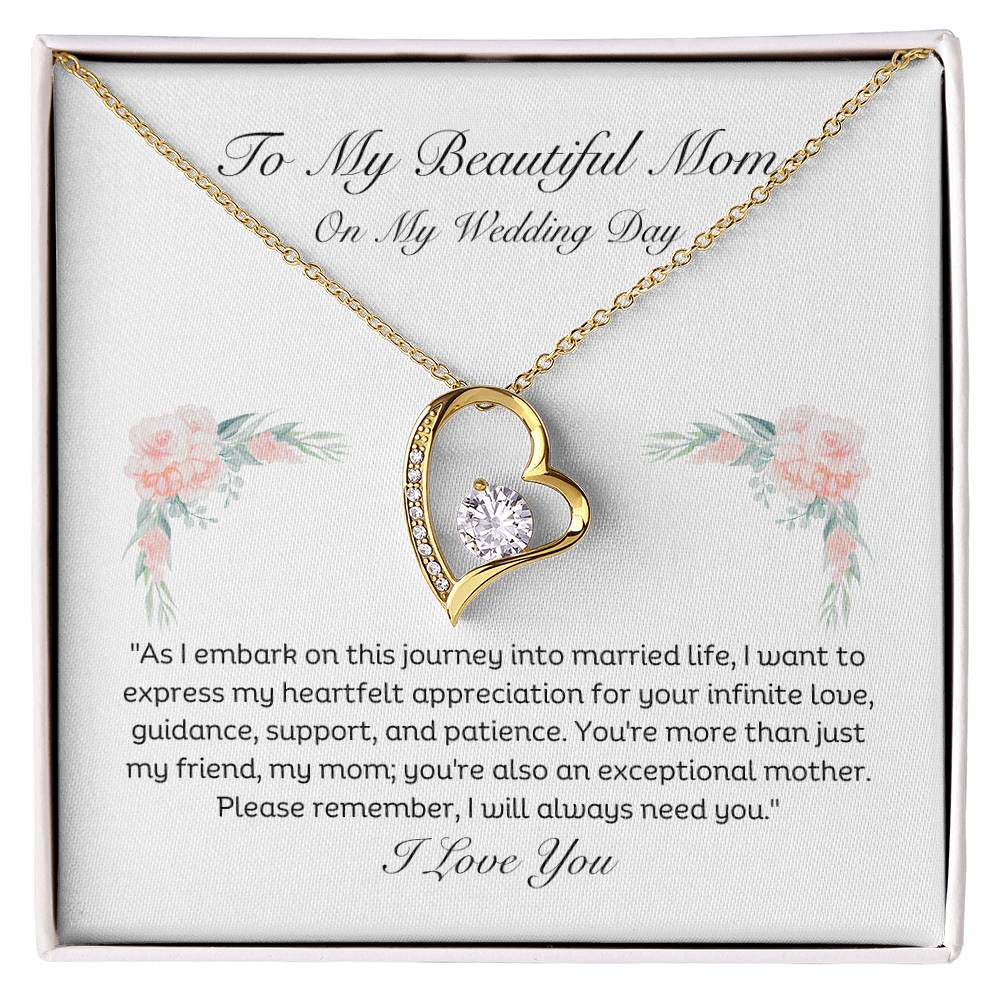 To My Beautiful Mom On My Wedding Day Heart pendant 14k white gold finish or 18k yellow gold finish 6.5mm round cut cubic zirconia stone