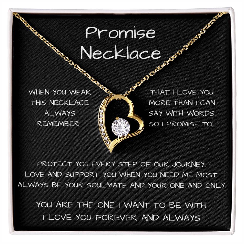 Promise Heart Shape Pendant Necklace 14k white gold finish or 18k yellow gold finish 6.5mm round cut cubic zirconia stone with a heartfelt promise message