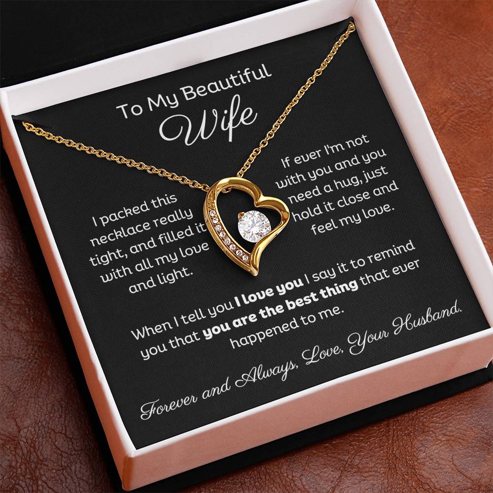 Beautiful Wife Heart Shape Pendant Necklace 14k white gold finish or 18k yellow gold finish 6.5mm round cut cubic zirconia stone with a heartfelt message