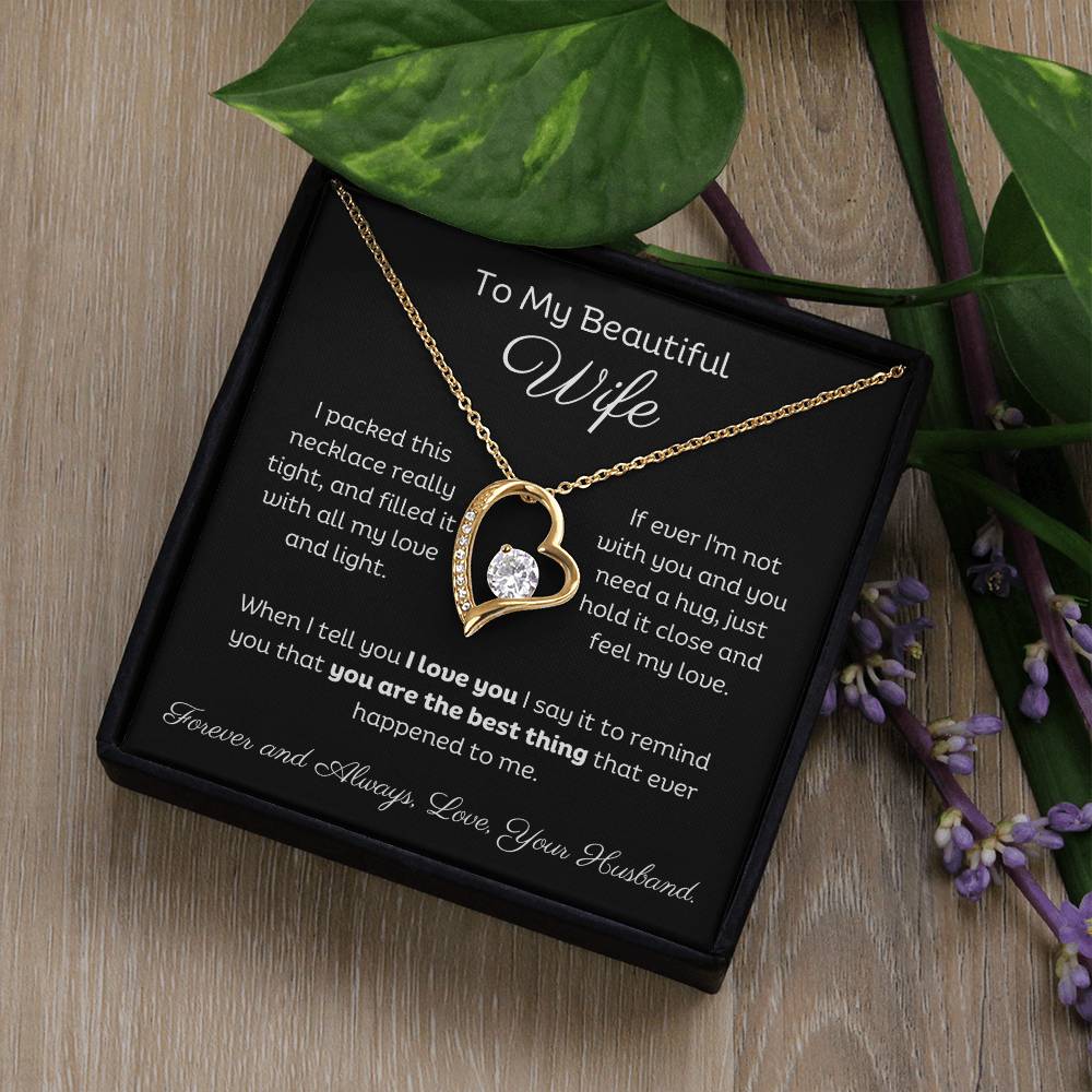 Beautiful Wife Heart Shape Pendant Necklace 14k white gold finish or 18k yellow gold finish 6.5mm round cut cubic zirconia stone with a heartfelt message