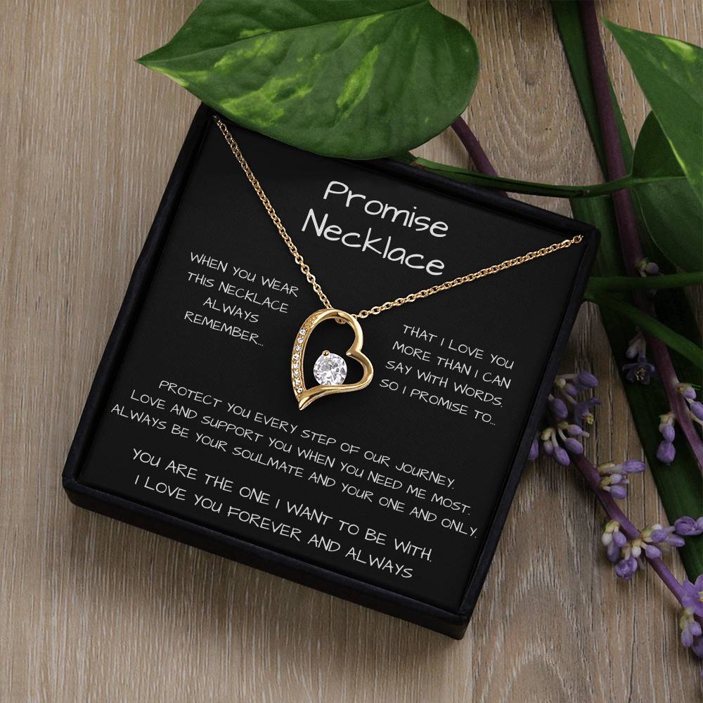 Promise Heart Shape Pendant Necklace 14k white gold finish or 18k yellow gold finish 6.5mm round cut cubic zirconia stone with a heartfelt promise message