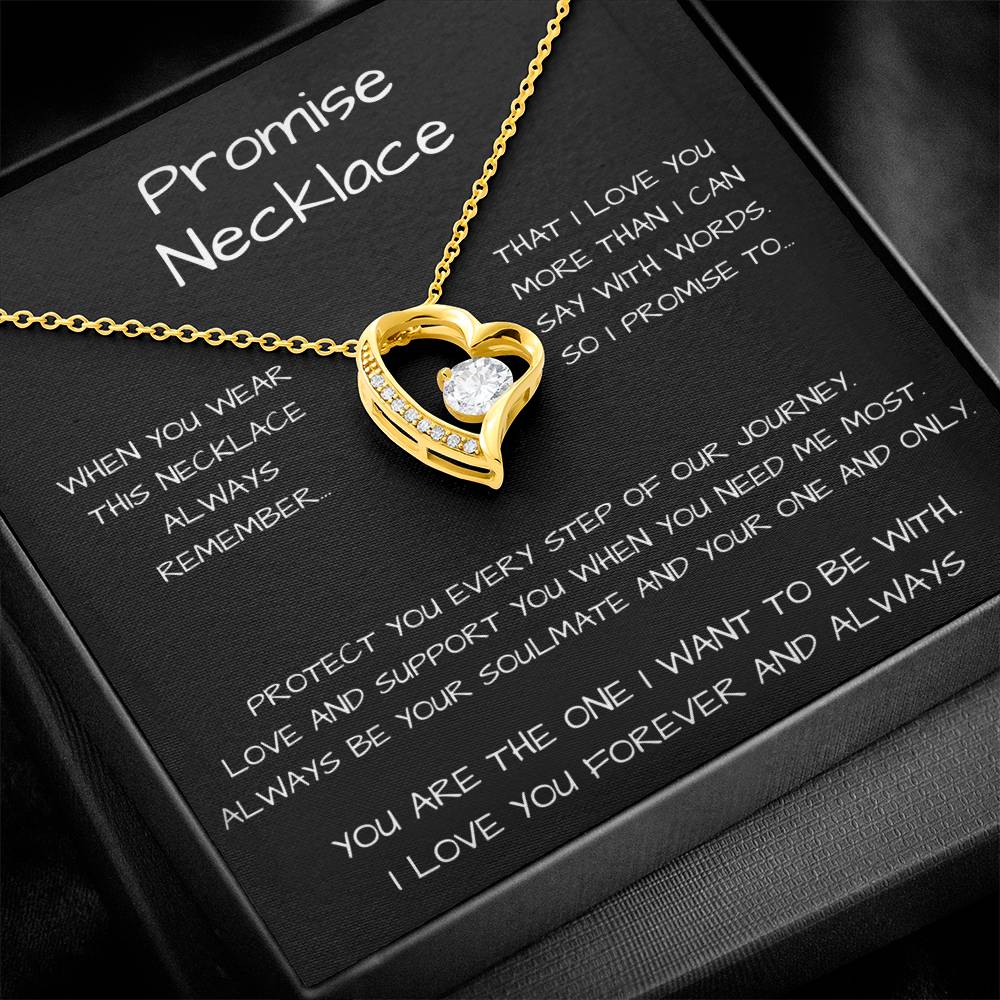 Promise Heart Shape Pendant Necklace 14k white gold finish or 18k yellow gold finish 6.5mm round cut cubic zirconia stone with a heartfelt promise message