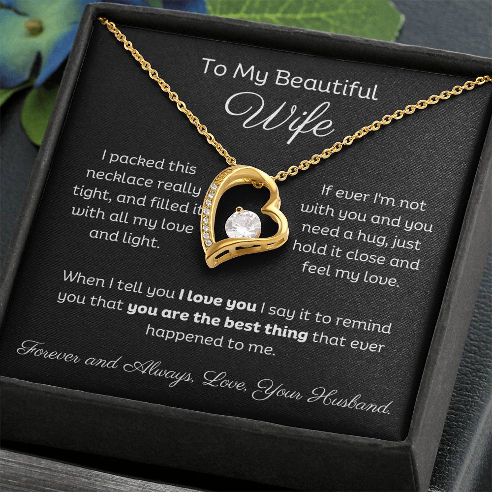 Beautiful Wife Heart Shape Pendant Necklace 14k white gold finish or 18k yellow gold finish 6.5mm round cut cubic zirconia stone with a heartfelt message