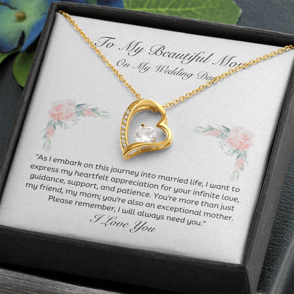 To My Beautiful Mom On My Wedding Day Heart pendant 14k white gold finish or 18k yellow gold finish 6.5mm round cut cubic zirconia stone