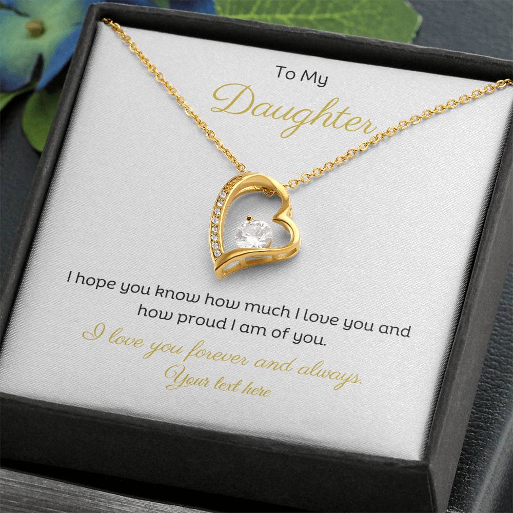 Personalised Daughter Message with Forever Love Heart Pendant Necklace 14k or 18k Gold. Add your own love from name.