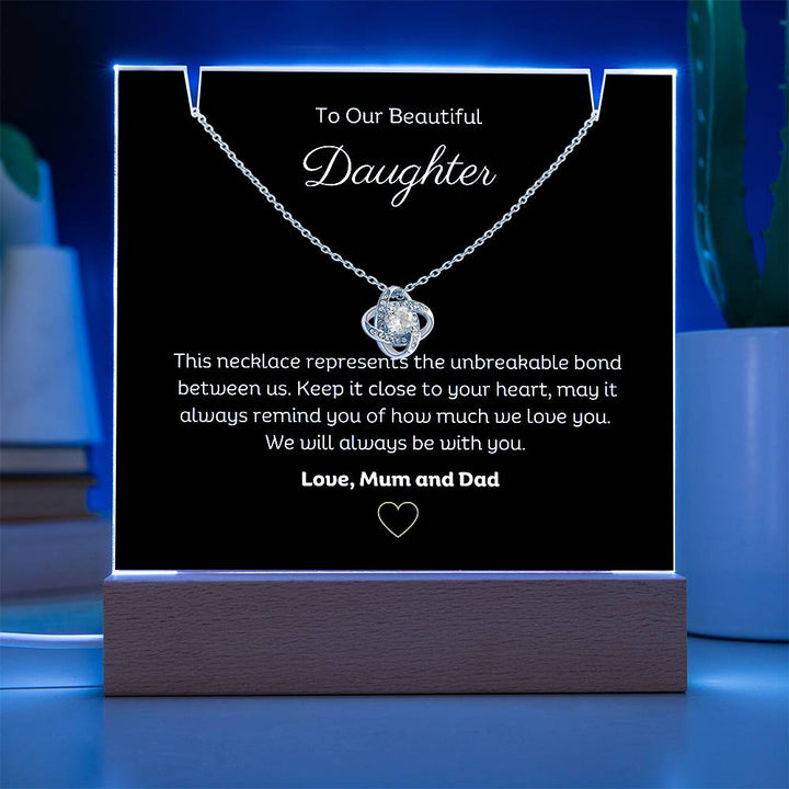 A stunning Square Acrylic and the beautiful Love Knot Necklace for Daughter. The heartfelt message is showcased on crystal-clear acrylic, making this set a striking focal point in any space. Paired with the charming Love Knot Necklace.