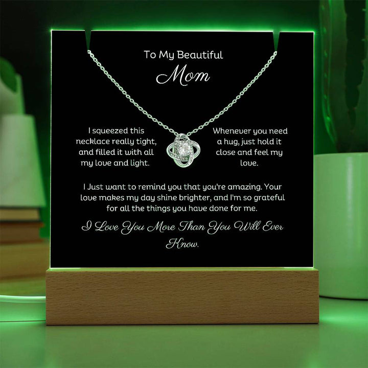 A stunning Square Acrylic and the beautiful Love Knot Necklace for Mom. The beautiful wife heartfelt message is showcased on crystal-clear acrylic, making this set a striking focal point in any space. Paired with the charming Love Knot Necklace.