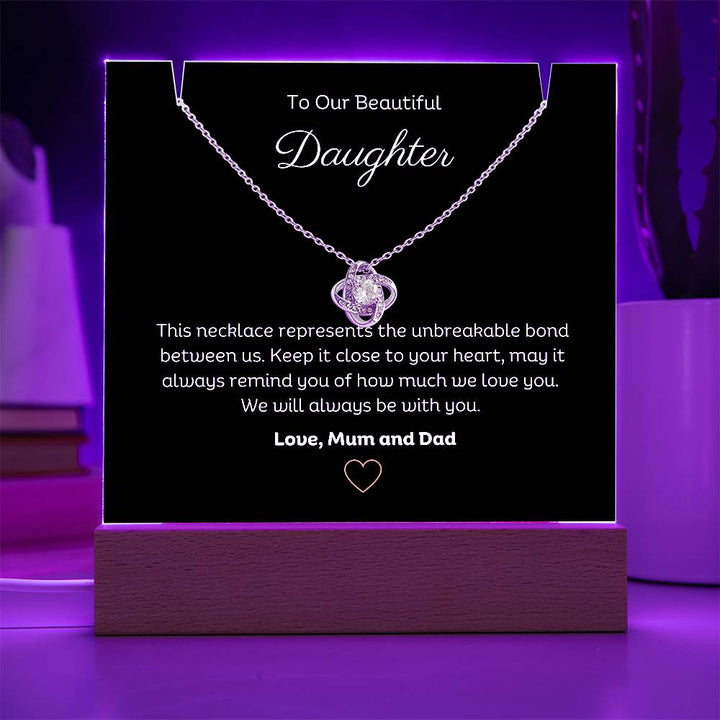 A stunning Square Acrylic and the beautiful Love Knot Necklace for Daughter. The heartfelt message is showcased on crystal-clear acrylic, making this set a striking focal point in any space. Paired with the charming Love Knot Necklace.