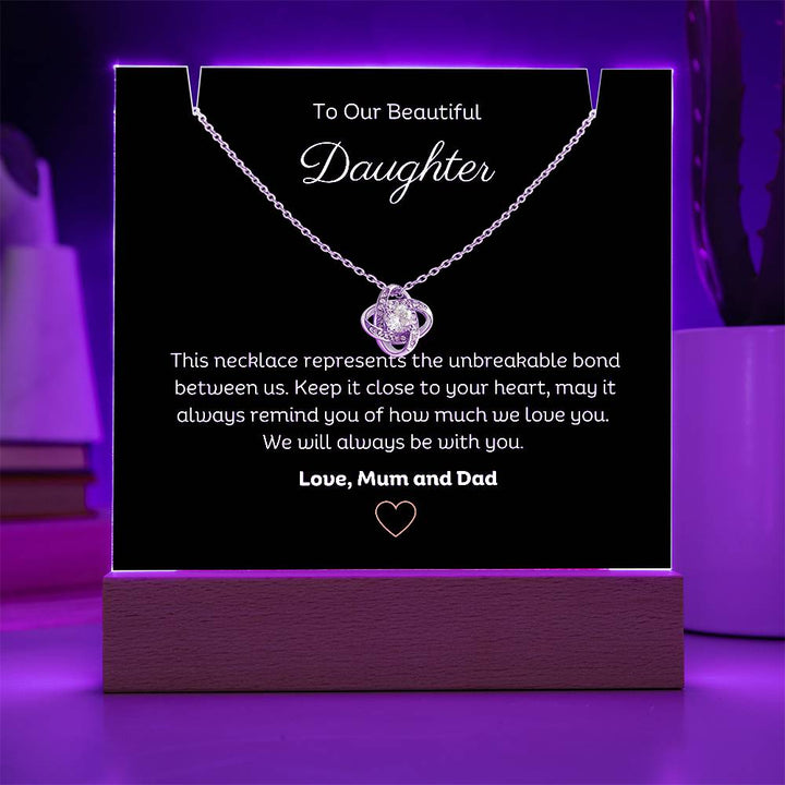 A stunning Square Acrylic and the beautiful Love Knot Necklace for Daughter. The heartfelt message is showcased on crystal-clear acrylic, making this set a striking focal point in any space. Paired with the charming Love Knot Necklace.